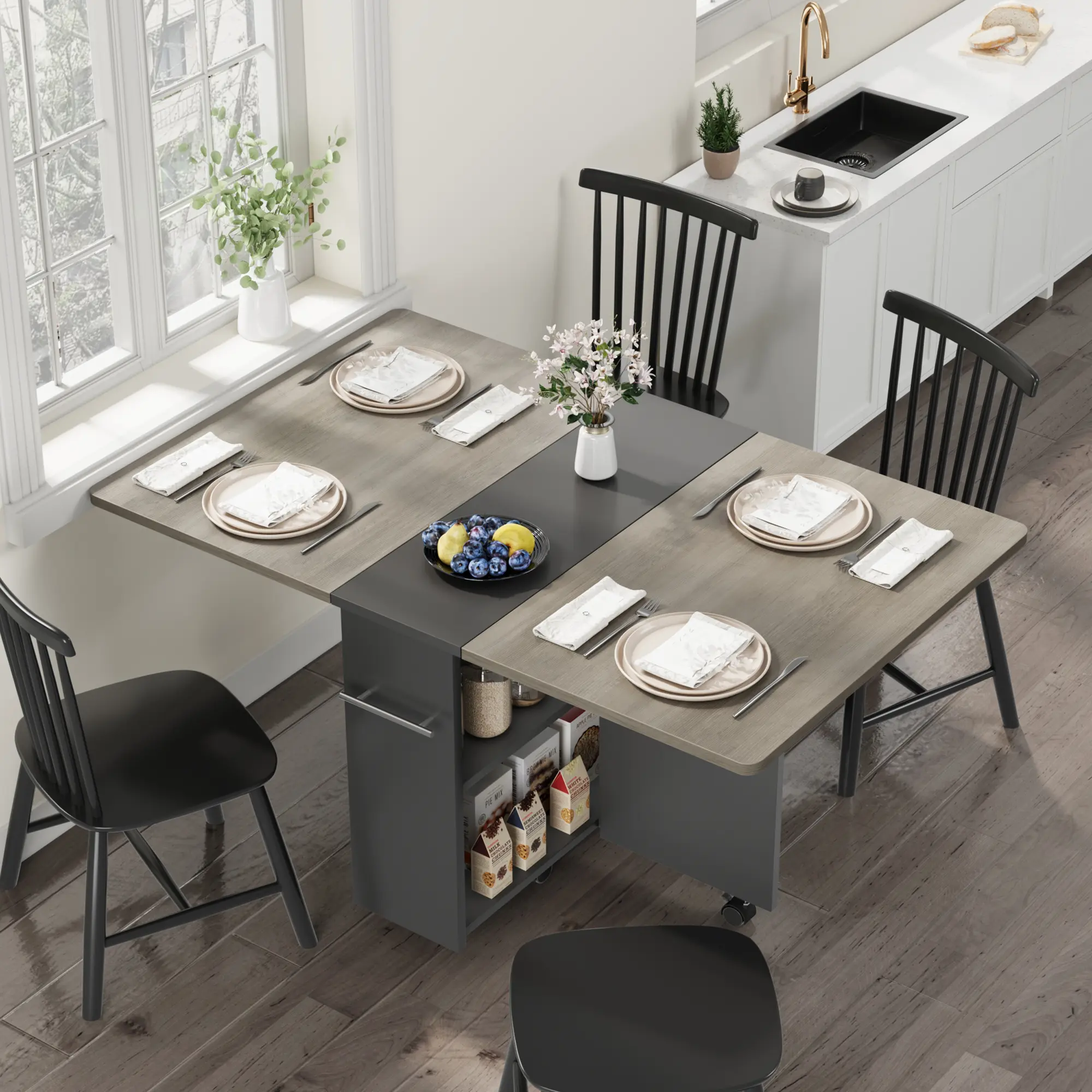 Folding Drop Leaf Dining Table with Storage Shelf and Locking Casters, Extendable Kitchen Table for Apartments, Dining Room, or Small Spaces, Versatile and Portable