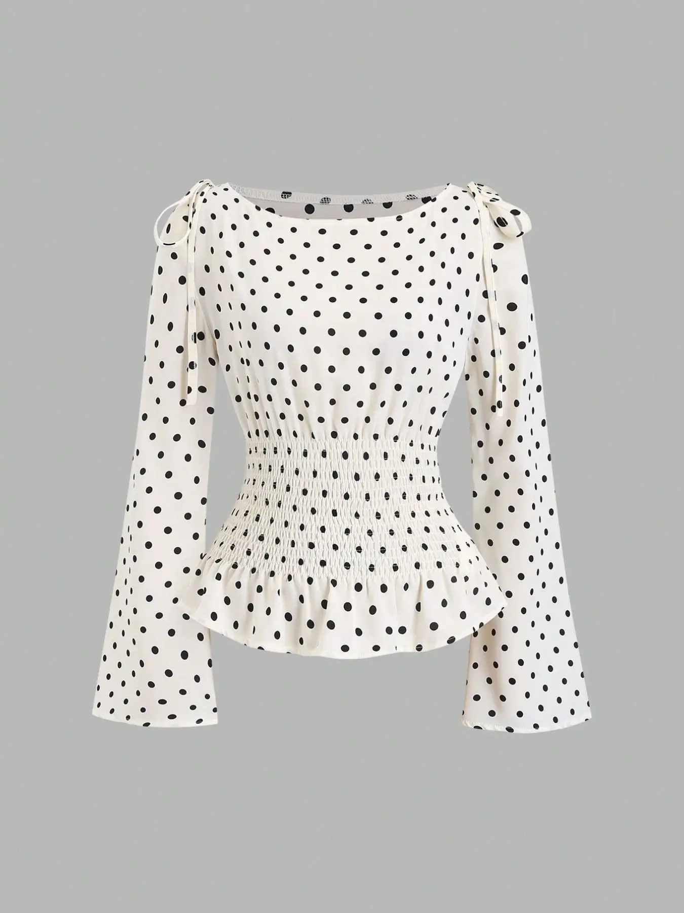 Women's White Black Polka Dot Boat Neck Smocked Waist Flare Long Sleeve Blouse, Vintage Elegant Top, Chic, Lightweight