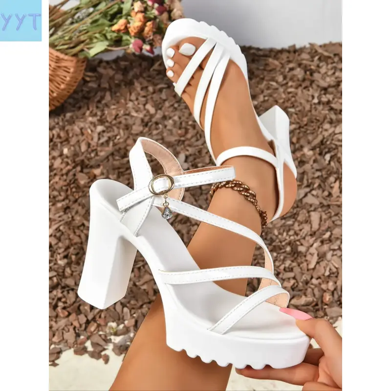 YYT1 2026 Women's Chunky Heel Open-Toed Sandals, PU Leather Cross-Straps Thick Sole Waterproof Platform Heels, Lightweight Elegant Party Roman Shoes (Sports & Outdoor Accessories Compatibility), Party Shoes