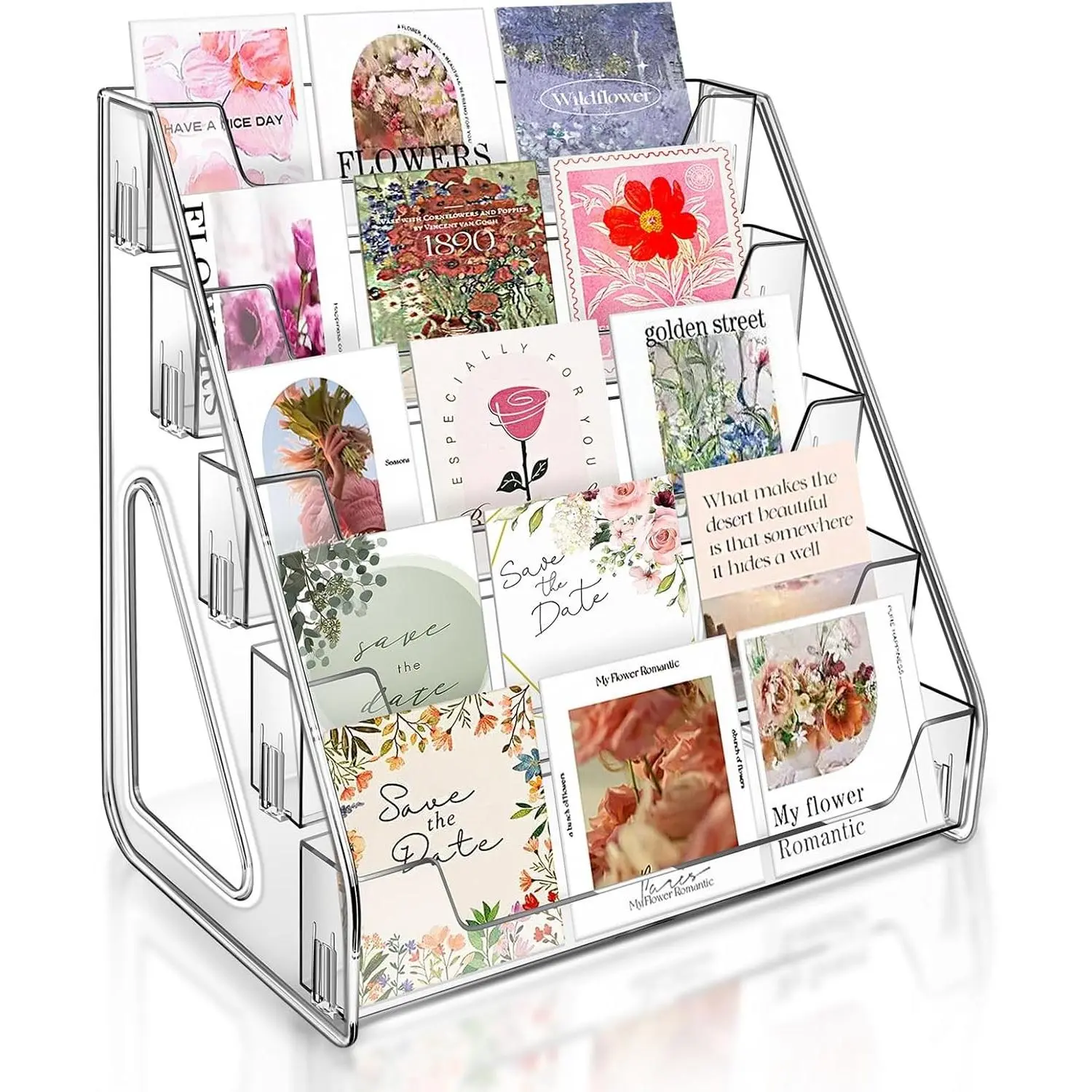 Tall 5-Tier Acrylic Card Display Stand for Greeting Cards, Sports Cards, Postcards, Stickers & Brochures, Easy Snap-On Sticker Display Rack