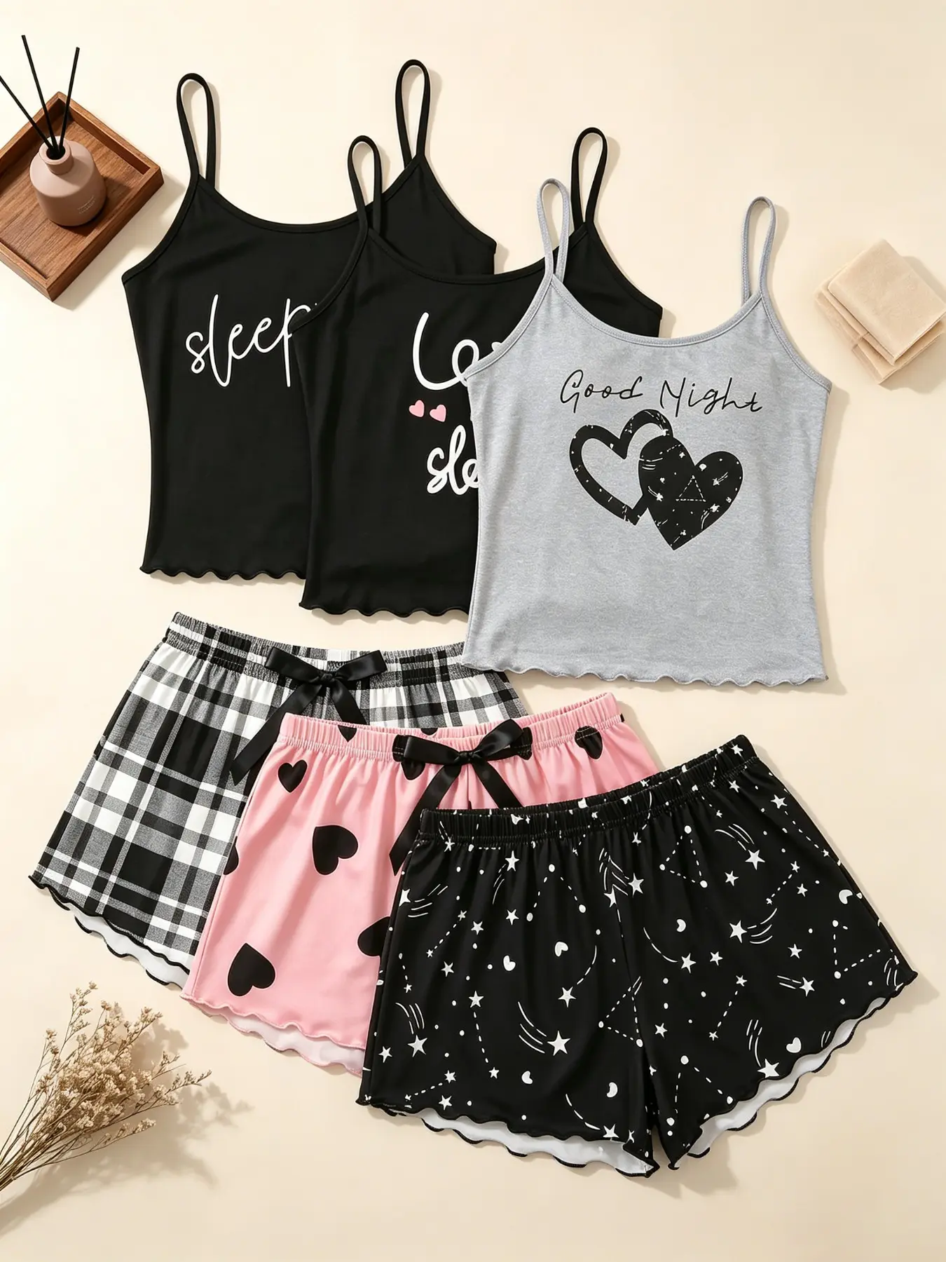 Women's Boho Pajama Set, Sleeveless Loose-Fit, All-Over Print, Contrast Binding, Soft Stretch Fabric, Summer Home Wear