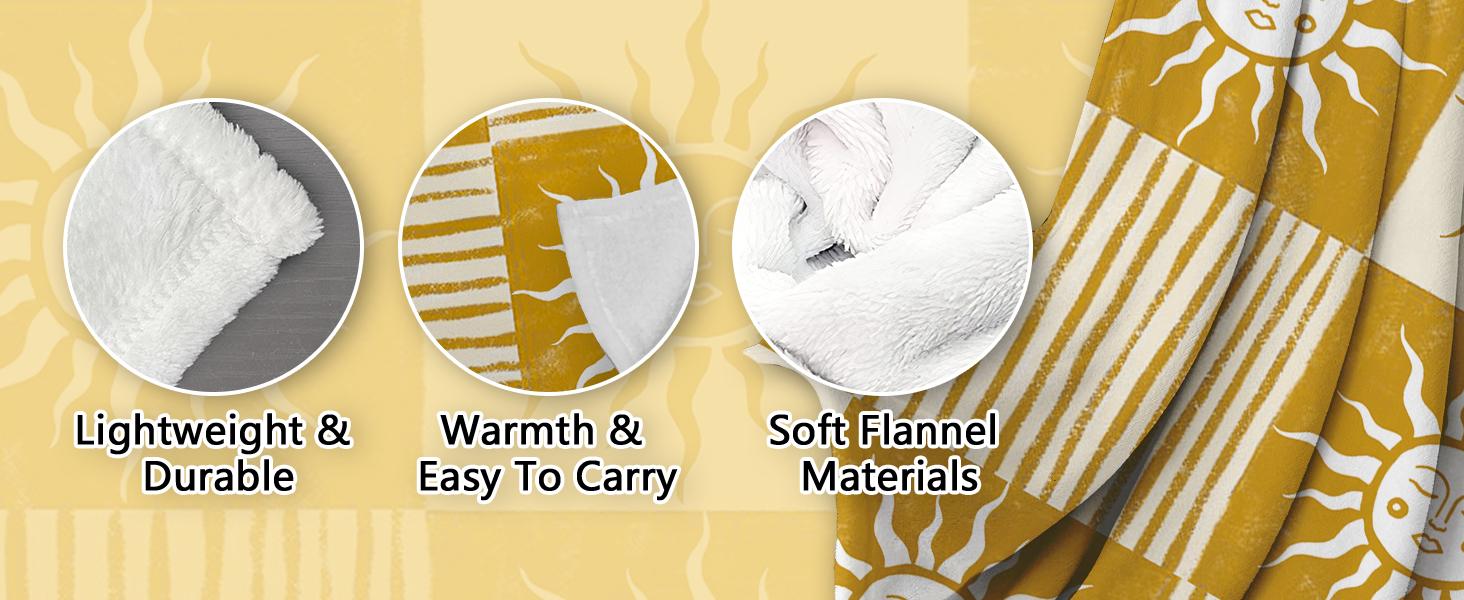 Boho Sun Face Flannel Throw Blanket, Bohemia Sunshine Yellow Birthday Gifts for Kids Men Women, Sunny Plaid Check Stripes Soft Blankets for Bedding Sofa 50" x 60"