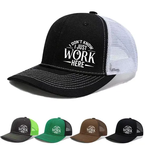 I Don't Know I Just Work Here Funny Trucker Hat, Sarcastic Workplace Humor Mesh Back Baseball Cap, Adjustable Snapback Hat for Men Women