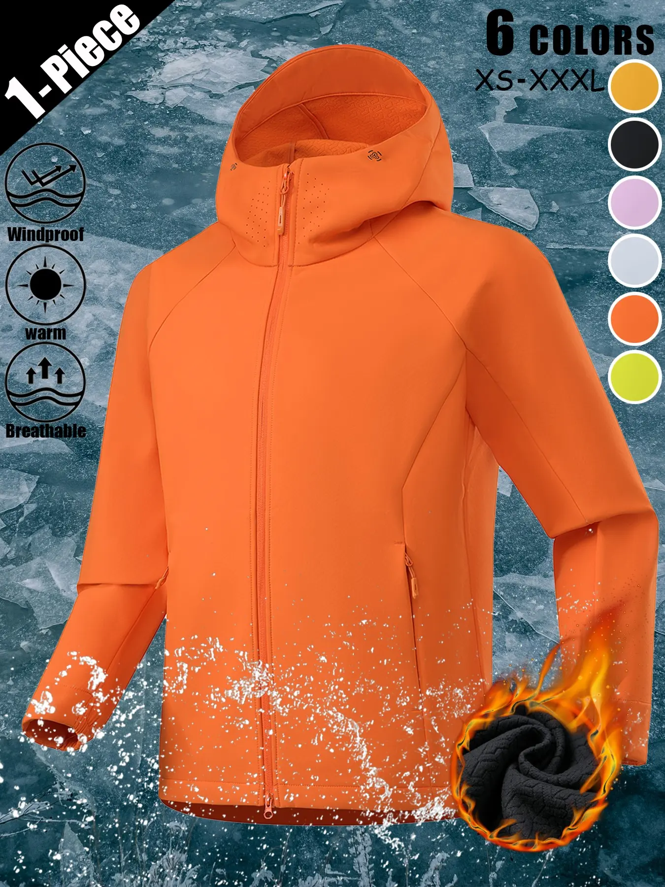 Unisex Fleece Lined Hooded Waterproof Softshell Jacket Windproof Warm Full Zip Multi Zip Pockets Adjustable Cuffs Lightweight Coat for Outdoor