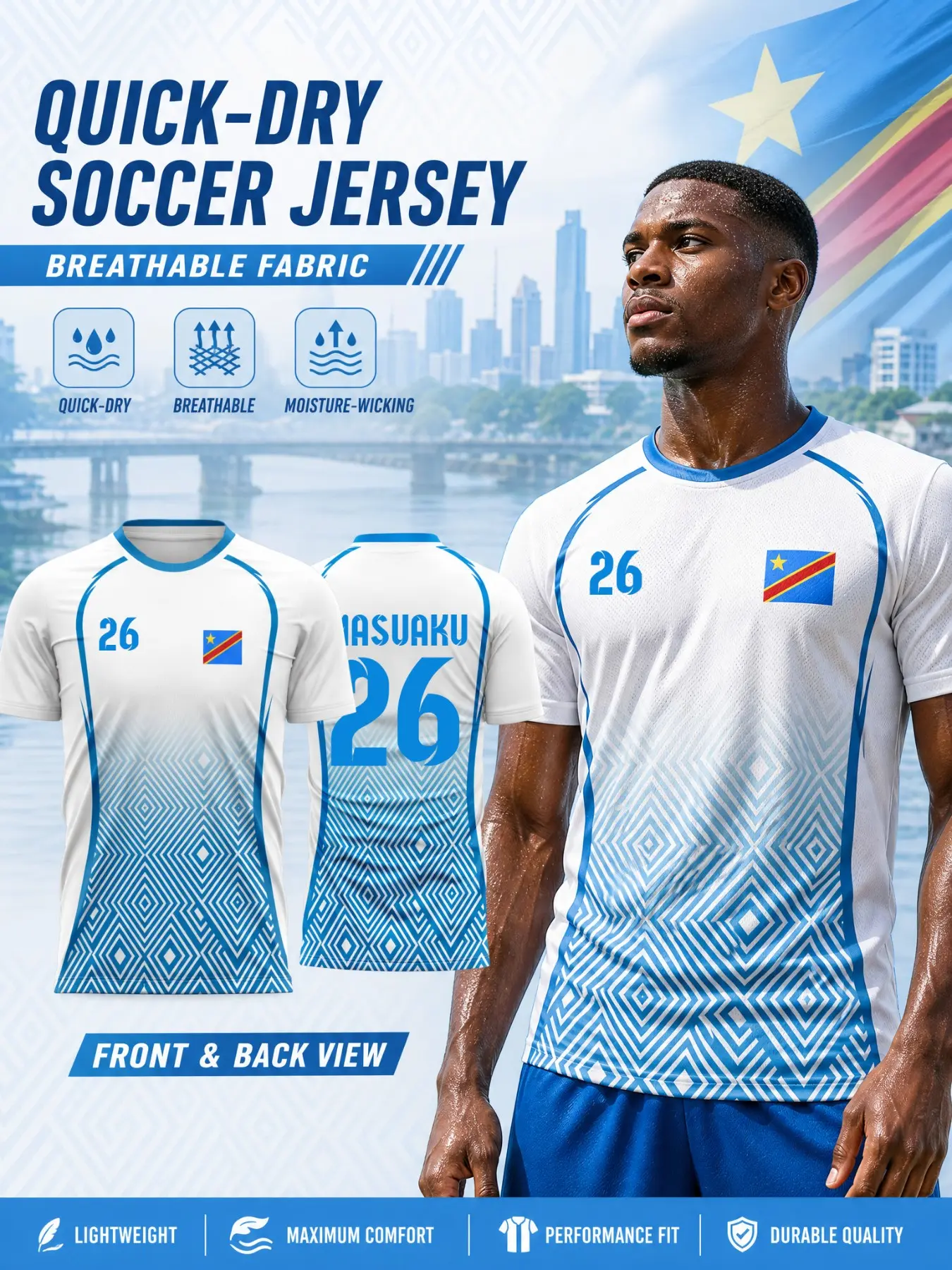 2026 Drc National Team Away Soccer Jersey, Football Jerseys, Blue Gradient Diamond Pattern, Unisex, Quick-Dry, Breathable, Slim-Fit, Gift for Fans