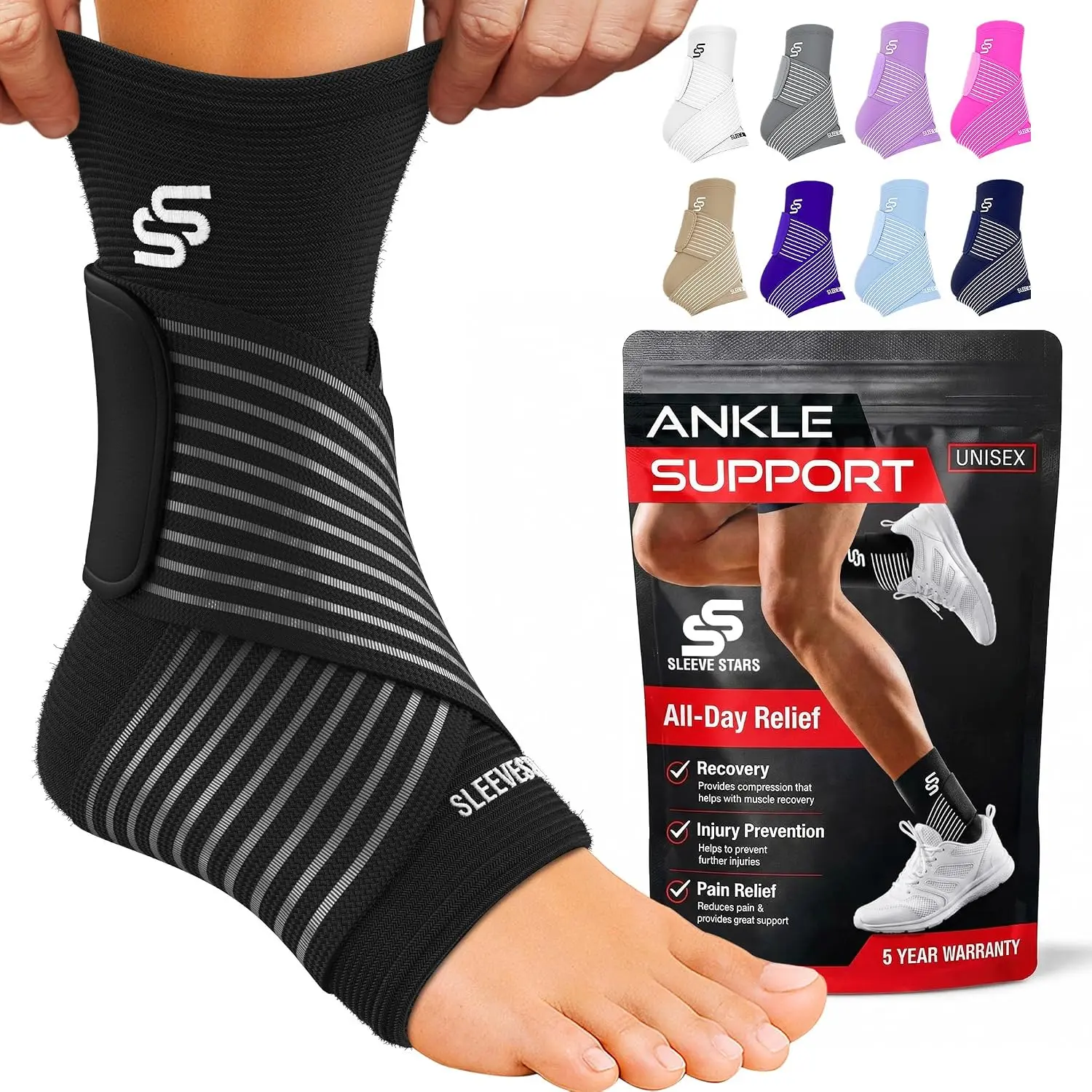 Ankle Brace for Women & Men, Ankle Wrap for Sprain, Compression for Plantar Fasciitis Relief, Easy Customizable Support: w/ Removable Strap (Single/M:10"-12"/Black)