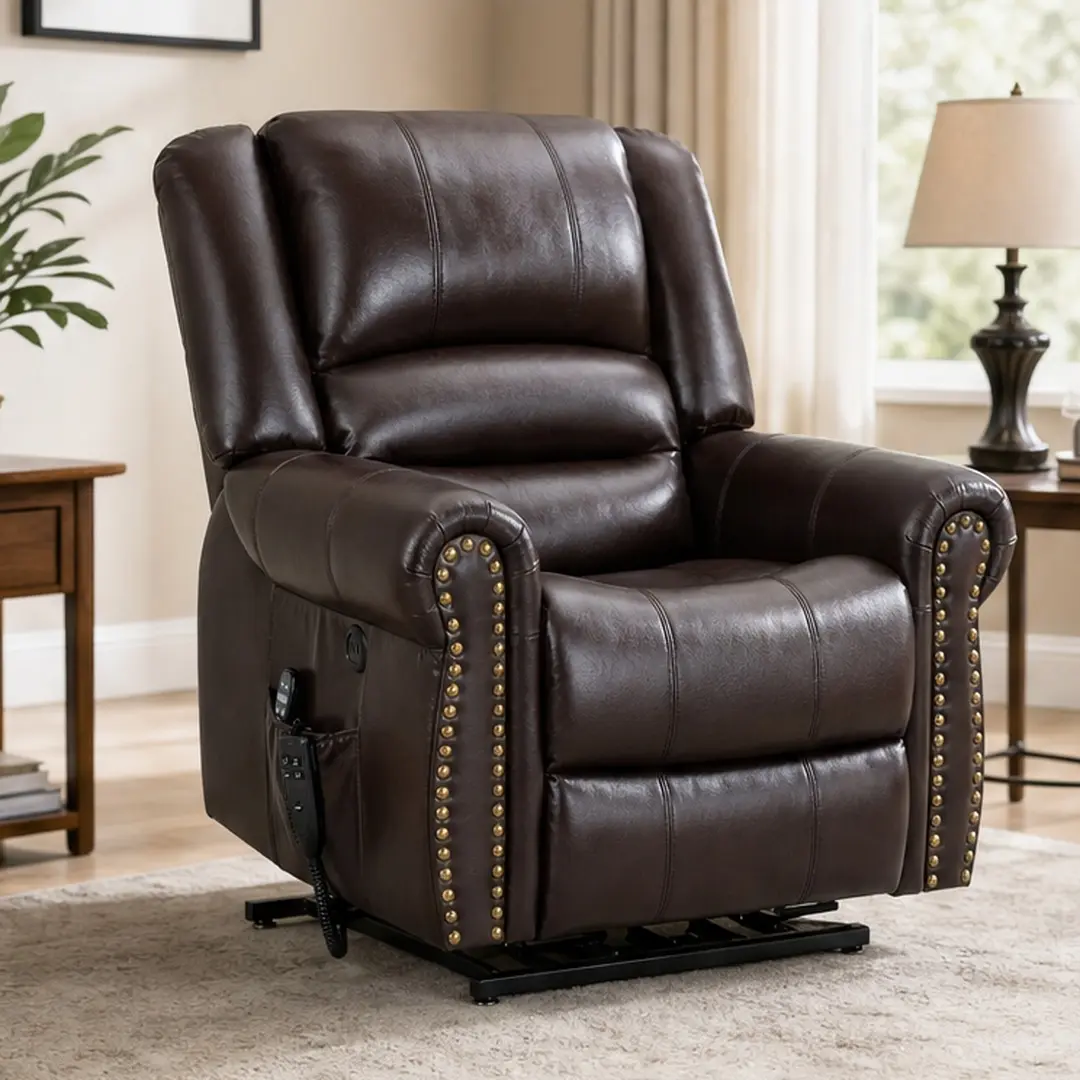 ARCH Power Lift Recliner Chair with Heat and Massage, Dual Motor Infinite Position Heavy Duty Faux Leather Reclining Chair for Living Room, Antique Brown, 350 LBS Capacity, USB Ports, Pillow Top Arms, Antique brown Color Options, Faux Leather Materia