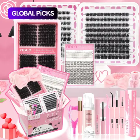 DIY Eyelash Extension Kit, Mixed Volume Fluffy Diy Eyelash Clusters Set Includes Lash Tools with Glue, Tweezers, Brush, Lash Remover, Lash Shampoo, Wristband & Headband #GLOBAL PICKS