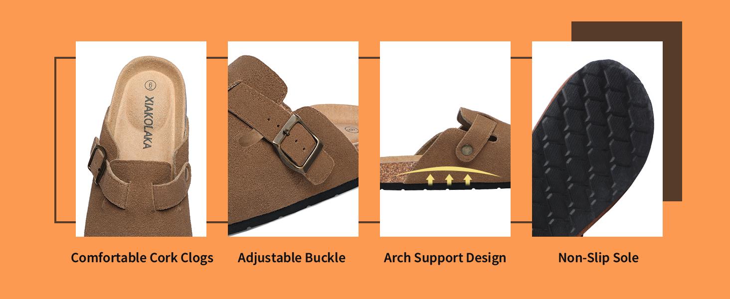 Xiakolaka Women's Suede Clogs Leather Mules Cork Footbed Sandals Potato Shoes with Arch Support Ergonomic Design Eva Sole