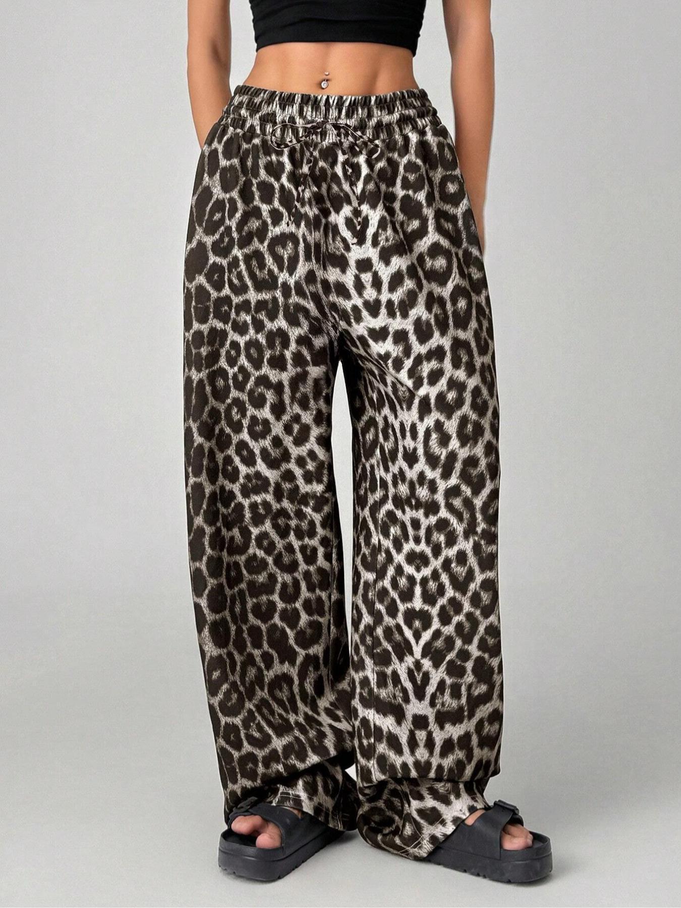 【Plus Size】 Leopard Print Wide Leg Pants, Casual Comfy Trousers for Daily Wear, Women's Bottoms for All Seasons, Casual Fashion Pants