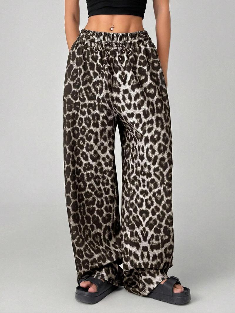 【Plus Size】 Leopard Print Wide Leg Pants, Casual Comfy Trousers for Daily Wear, Women's Bottoms for All Seasons, Casual Fashion Pants