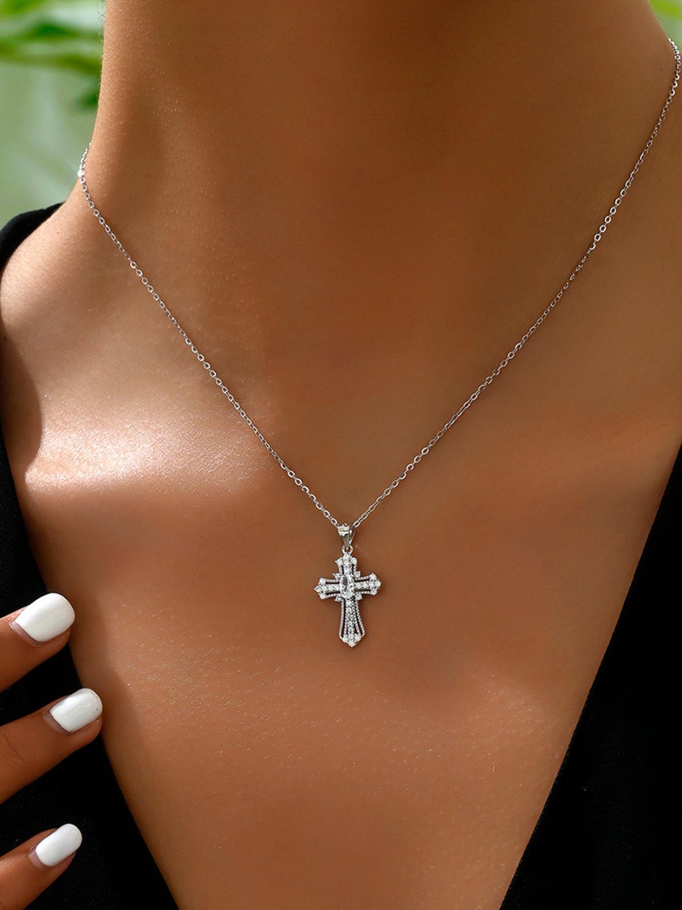 925 Sterling Silver Fashion Cross Design Pendant Necklace for Women, Artificial Zircon Decor Necklace, Trendy All-match & Exquisite Jewelry for Birthday Gift
