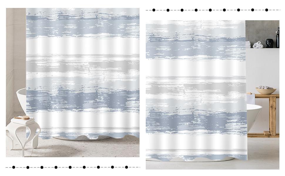 Abstract Blue Shower Curtain for Bathroom Decor 72Wx72H Modern White Grey Striped Aesthetic Minimalist Geometric Simple Neutral Watercolor Painting Fabric Waterproof Polyester 12 Pack Hooks