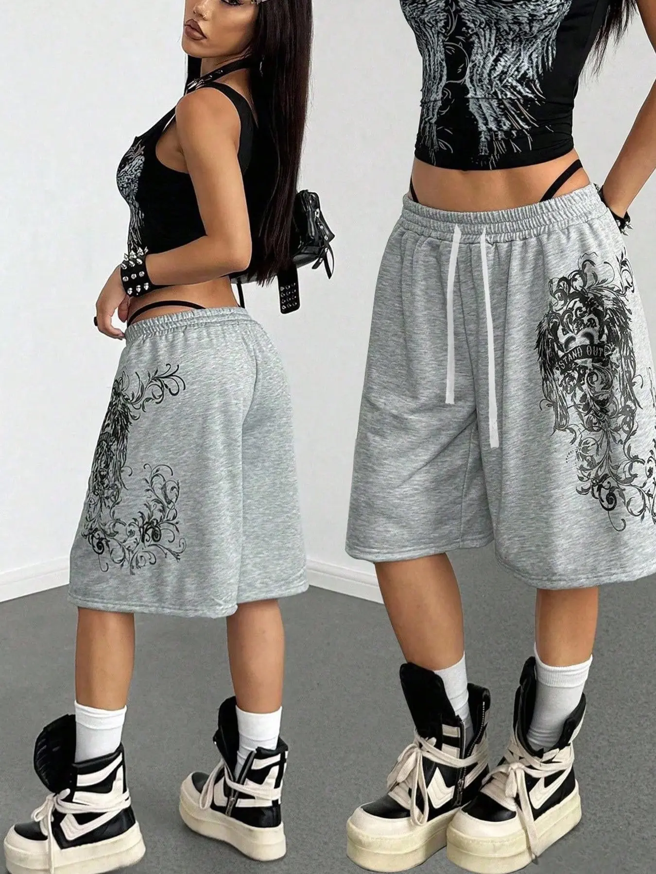 Women’s Vintage Floral Angel Wing Graphic Drawstring Knee Length Wide Leg Sweat Shorts, Gothic Y2K Edgy Urban Streetwear Loose Bottoms, Large Ornate Scroll Wing Art Print On Both Sides, Full Elastic Waistband With Adjustable Drawcord
