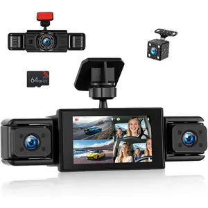 4-Channel 360° Dashcam with Front, Rear, Inside & Left-Right Cameras, 3” 1080P Car Camera, Loop Recording, Parking Assistance, 24H Parking Monitor, Free 64G TF Card