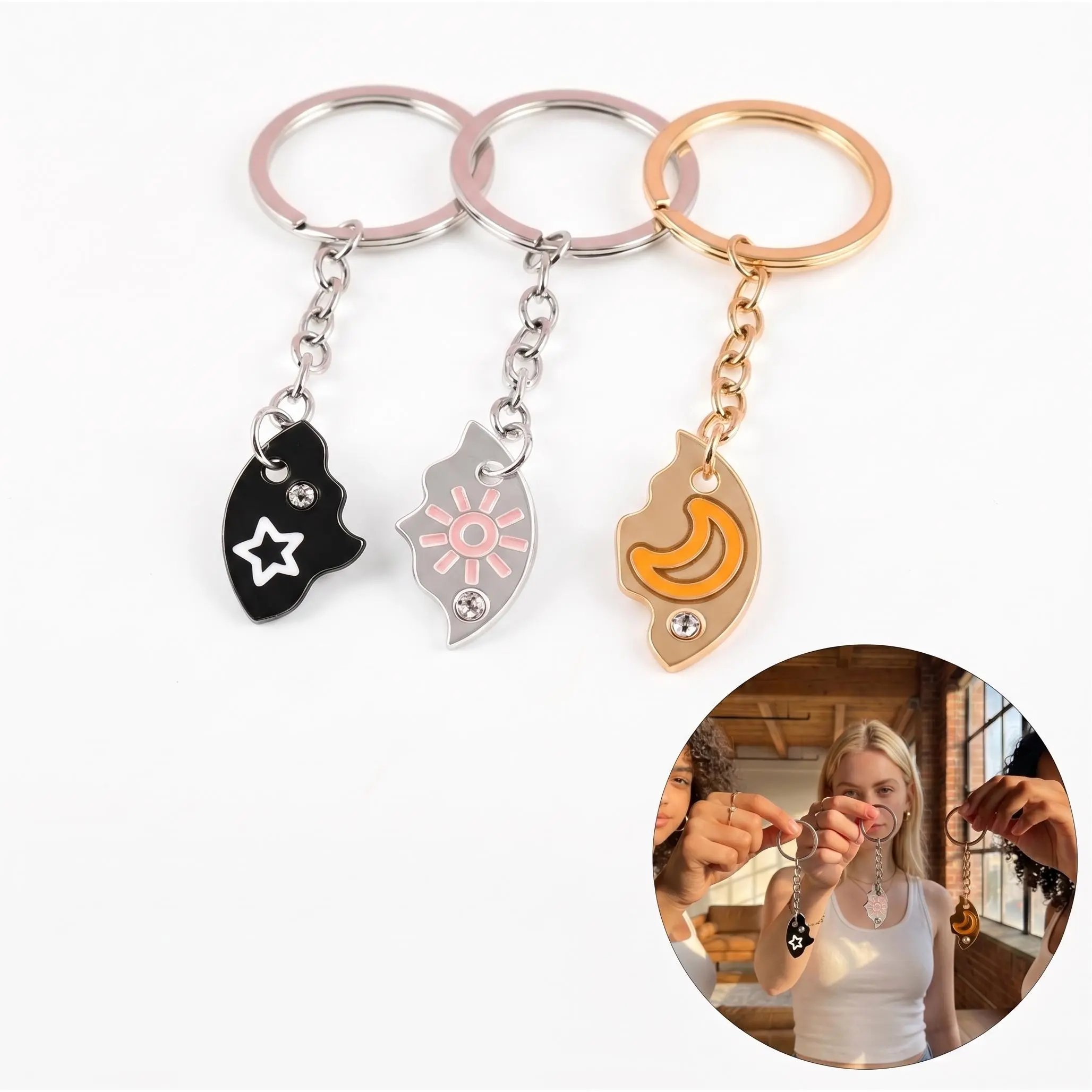 Summervibes Set of 3 Round Rhinestone Celestial Charm Keychains - Star, Moon, Sun Pendants for BFF Unbreakable Friendship Keychains