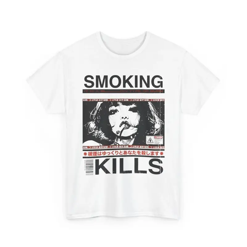 Smoking Kills Retro Manga Style Graphic T-Shirt, Cotton Tee