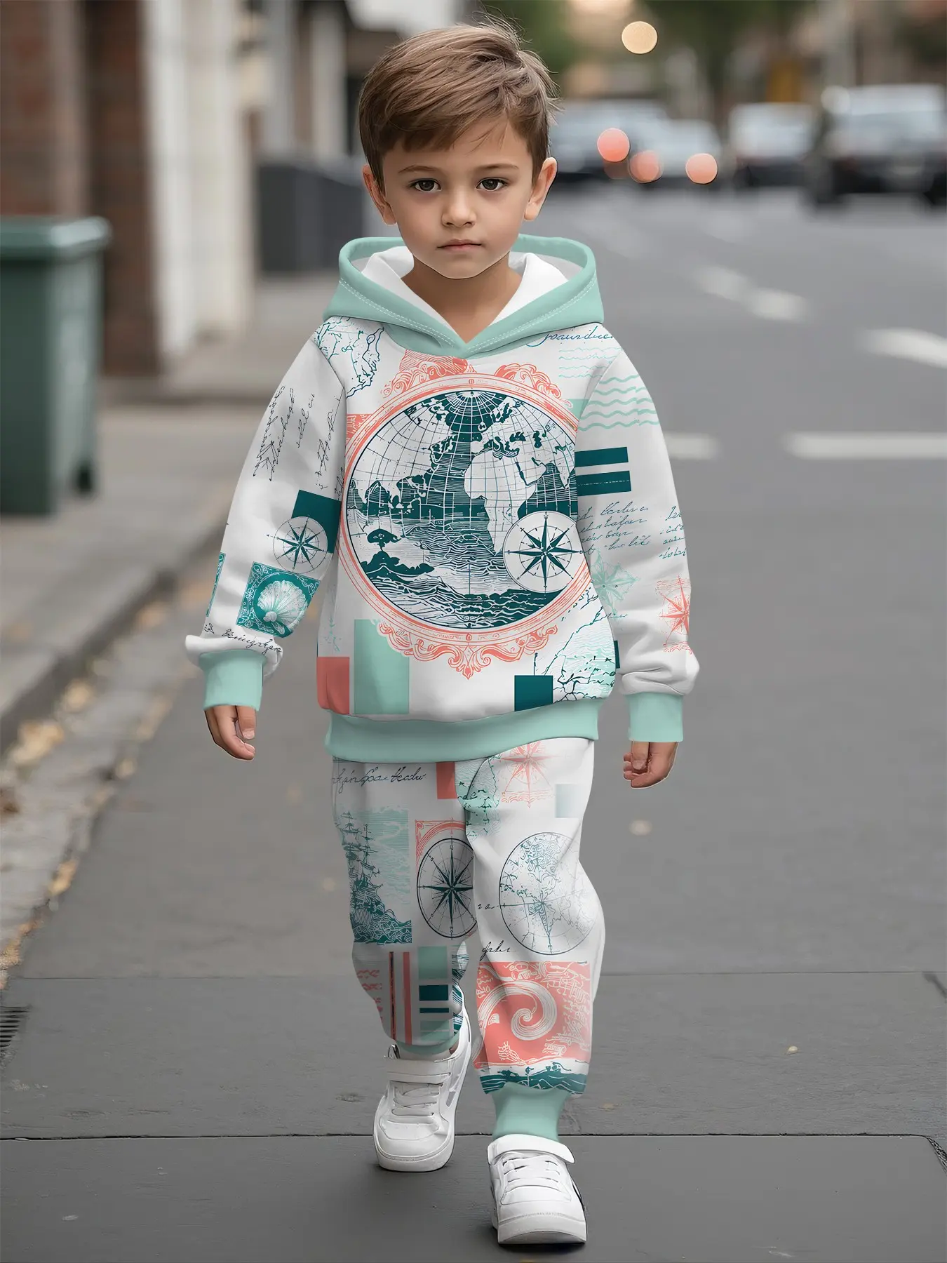 Boys' 2-Piece Hooded Sweatshirt Set, Mint Retro Nautical Map, Casual Comfortable, Perfect for Daily Wear, Trendy Gift for Boys