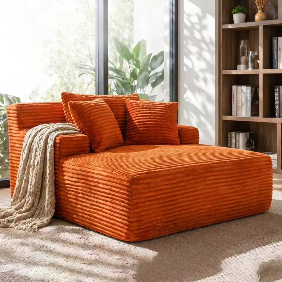 66-inch indoor chaise lounge, oversized cushion boneless sofa bed with pillow, luxury faux fur sleeper chair, armrest reading chair, living room cloud sofa, no assembly required