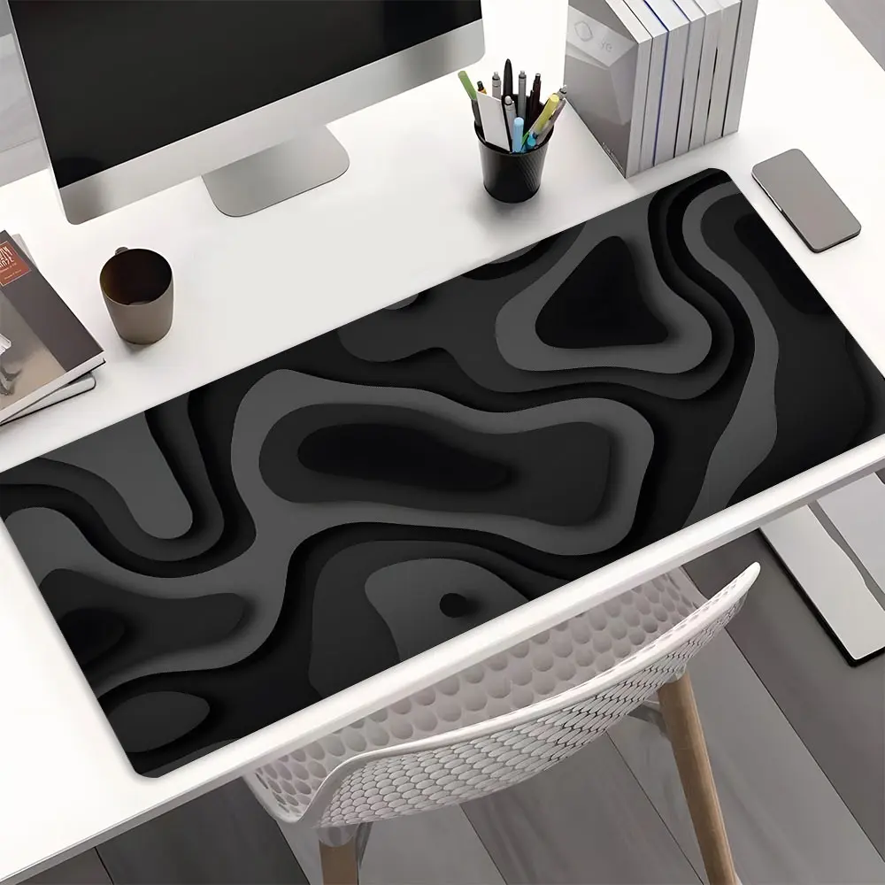 Black Gray Abstract Topographic Large Extended Gaming Mouse Pad, Minimal Neutral Desktop Protector, Smooth Non-Slip Rubber Lock Edge HD Print, Suitable for Gaming Office Desk Mats Gift for Minimalist Decor Lovers