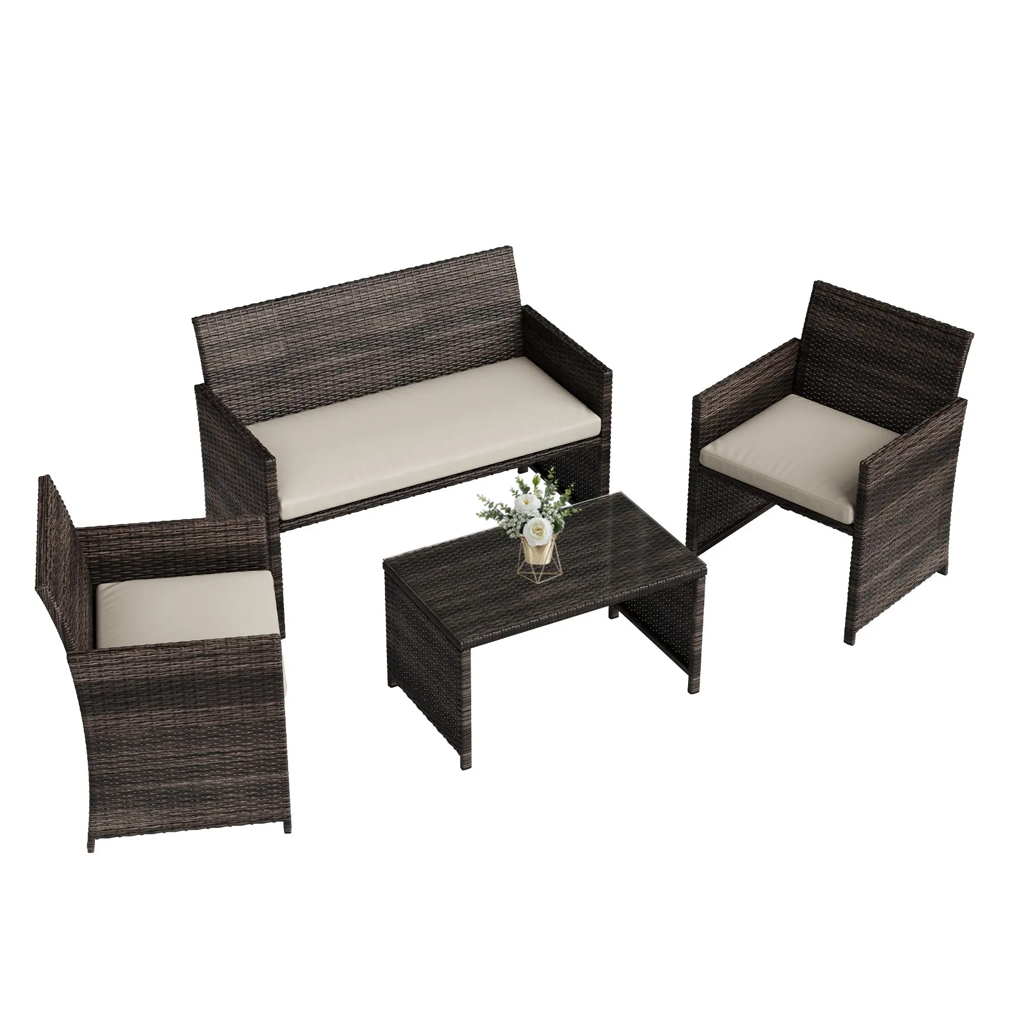 Garvee 4-Piece All-Weather Outdoor Furniture Set - Plastic Wicker Patio Seating with 2 Ergonomic Brown Gradient PE Rattan Chairs, Thick Foam Waterproof Cushions with Hidden Zippers, Tempered Glass Table with Suction Pads for Porches, Backyard
