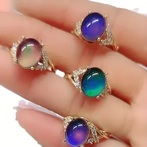 Color Changing Mood Ring Set for Women 4PCS – Golden Alloy Crystal Zircon Adjustable Fashion Rings, Temperature Sensitive Iridescent Dome Rings, Cute Aesthetic Jewelry Gift for Her