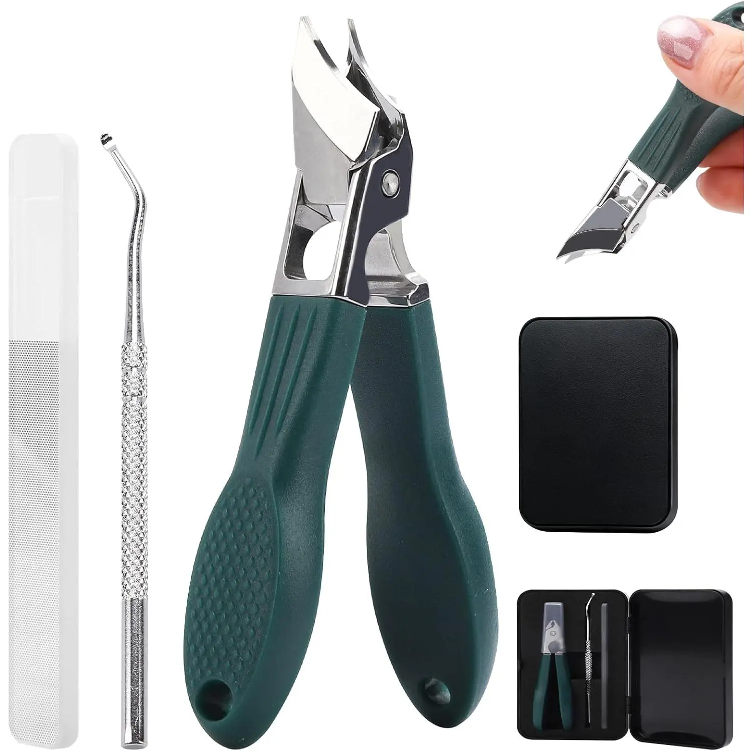 Beak Nail Clippers  Ingrown & Thick Nails – Beveled/Slanted/Angled Blades, Long Handle Wide Jaw, Anti-Splash Ultra Sharp Stainless Steel Edge 3-Piece Set  Men/Women (Green) New model baby