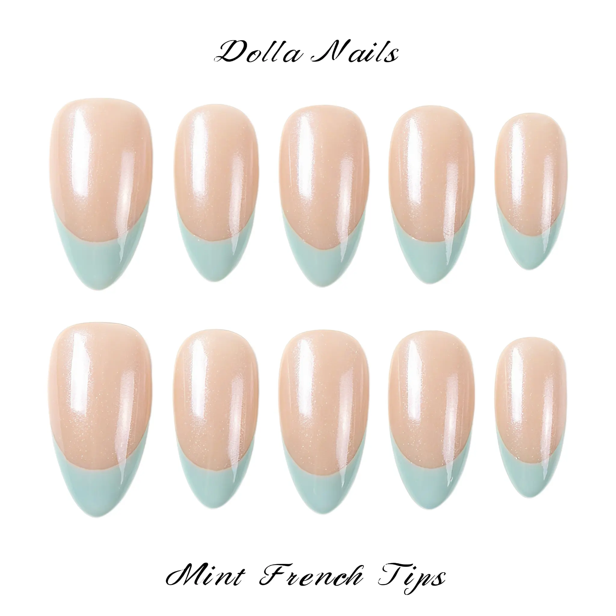 Dolla Nails 100% Handmade Almond Press-On Nails | Hailey Bieber French Tip | Shimmer Nude Base Fresh Pastel Mint Green Tip | Minimalist Summer Design | Salon Quality | Reusable | No Nail Damage | Perfect for Daily Wear & Vacation