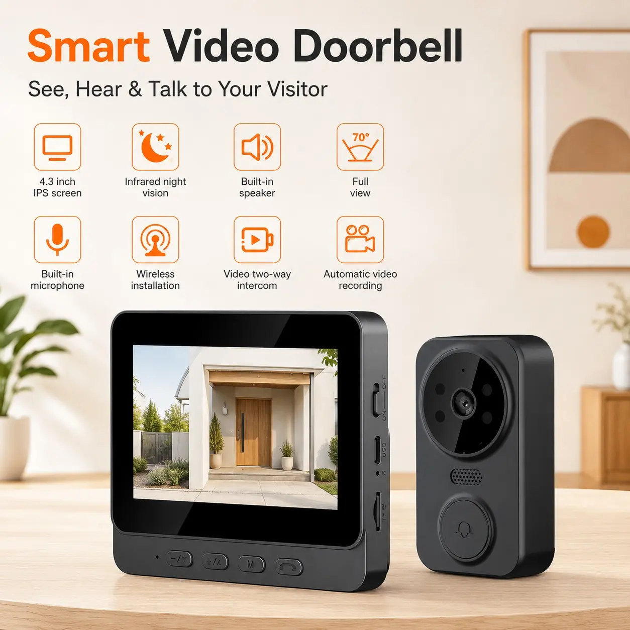 Smart Wireless Video Doorbell, 4.3" HD Display Security Cam, Two-Way Audio, Home Intercom System, Infrared Night Vision & Rechargeable Power, Wall Mount, 32GB or 64GB Card Optional for Indoor Home Safety Monitoring