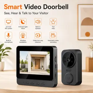 Smart Wireless Video Doorbell, 4.3" HD Display Security Cam, Two-Way Audio, Home Intercom System, Infrared Night Vision & Rechargeable Power, Wall Mount, 32GB or 64GB Card Optional for Indoor Home Safety Monitoring