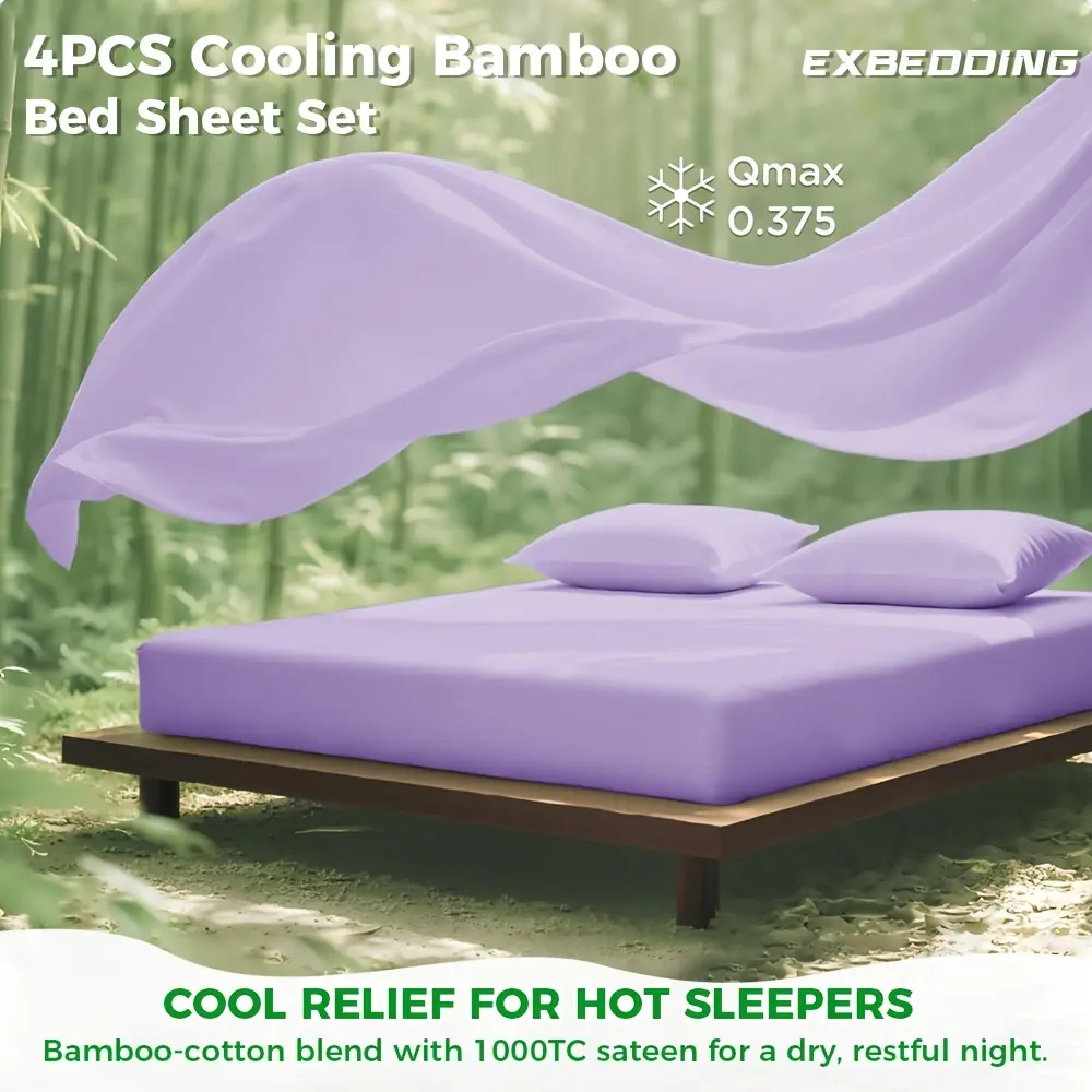 MUXHOMO 3/4pcs Bamboo Rayon Bed Sheets Suitable for Hot Sleepers & Cooling Bedding - Breathable Summer Sheets with Deep Pocket Fitted Base, Soft Machine Washable Bedding for &, Deep Pocket up to 14 Inches, Year-Round Luxury Bedding
