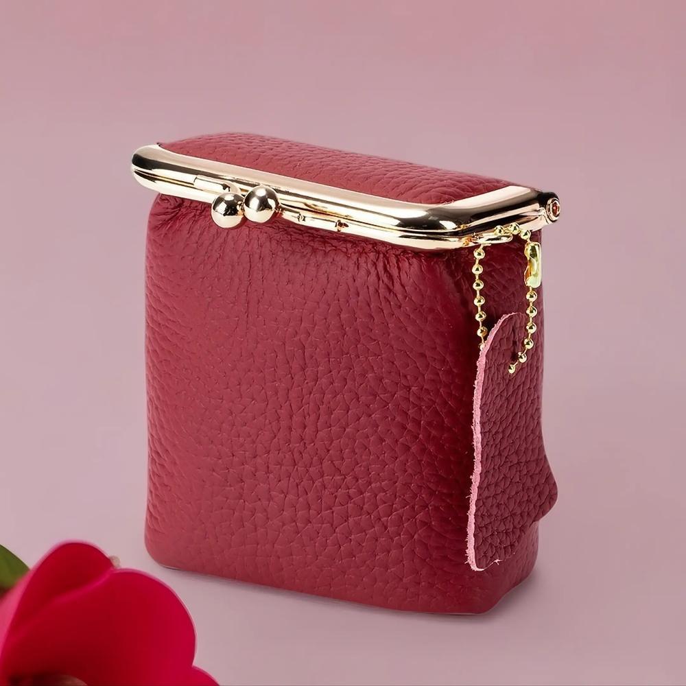 Vintage Genuine Leather Mini Handbag Organizer with Secure Kiss Lock, 1 Count Spacious Coin  &  Earphone & Lipstick Case, Travel Cosmetic Pouch, Makeup Organizer Pouch