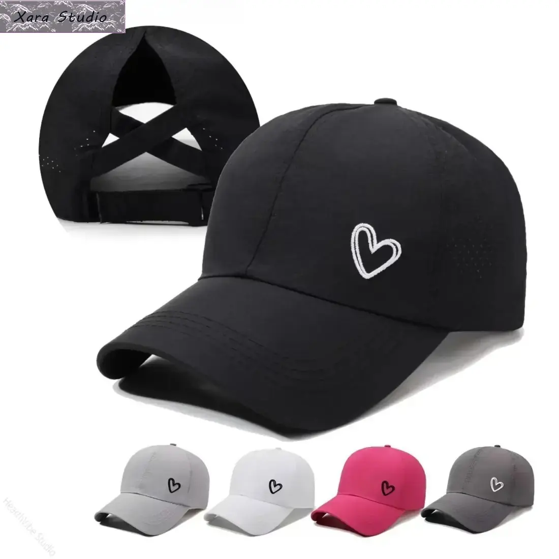 Women's Polyester Cute Heart-Embroidered Ponytail Trucker Hat - Adjustable Snapback, Breathable Mesh, Messy Bun Design, Accessories for Women, Embroidered Detail Hats, Summer Outdoor Sports & Casual Outfits Accessory