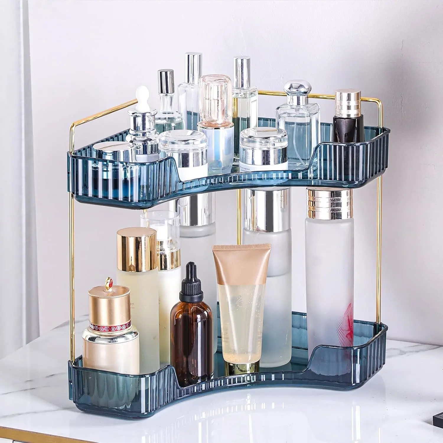 2-Tier Blue Plastic Lazy Corner Bathroom Counter Organizer, Vanity Makeup & Perfume Storage Tray, Ideal Kitchenware Gift for Countertop Corner Storage