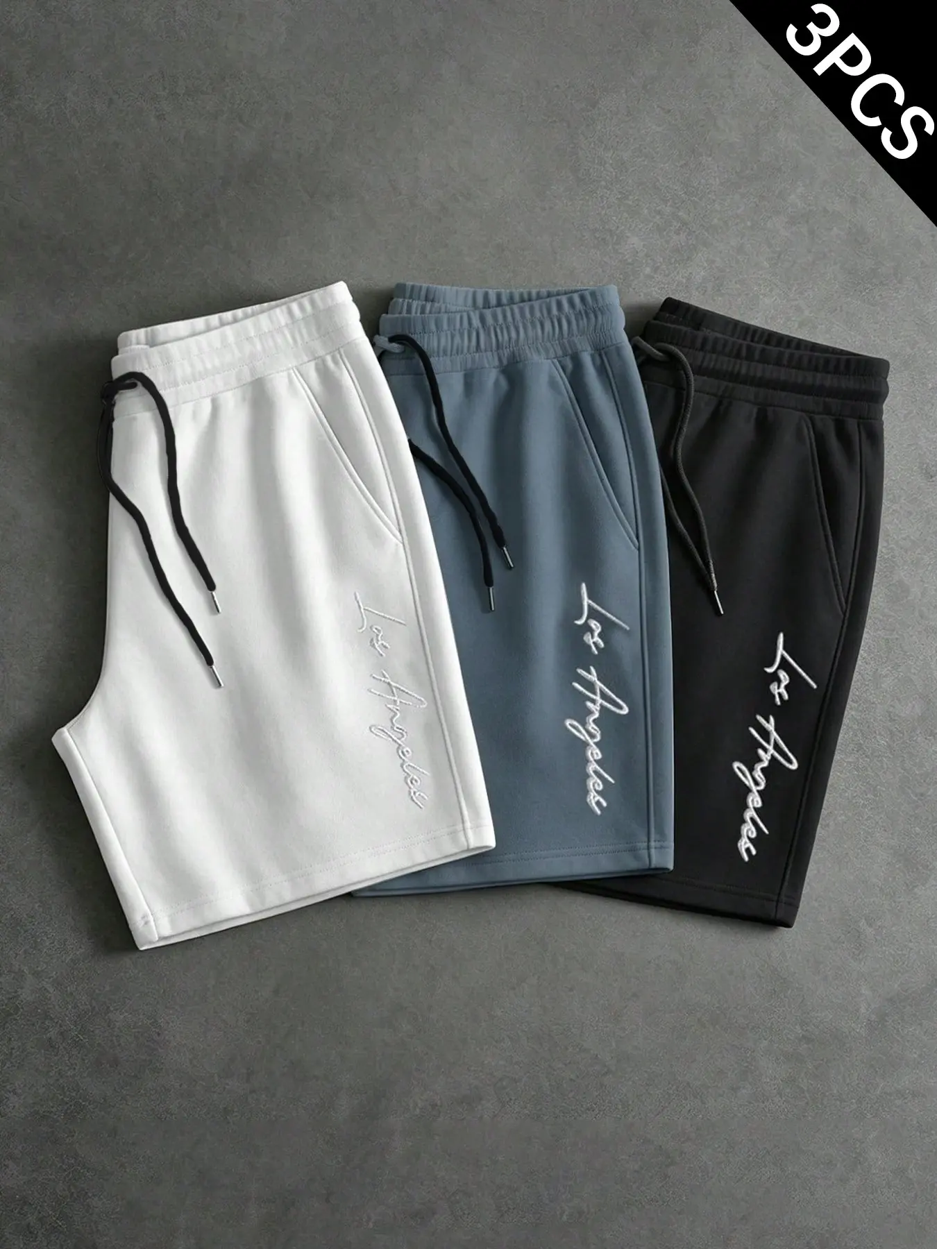 Clean Fit Los Angeles Style 3-Piece Men's Loose Letter Print Drawstring Waistband Summer Fashion Shorts, Unisex Drawstring Pocket Pants, Lightweight Casual Streetwear