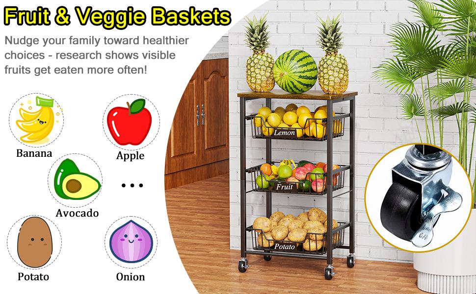 4-Tier Small Kitchen Storage Cart on Wheels, Metal Fruit Basket Stand with Pull-Out Baskets & Wood Top for Potato Onion Produce Snack Veggies