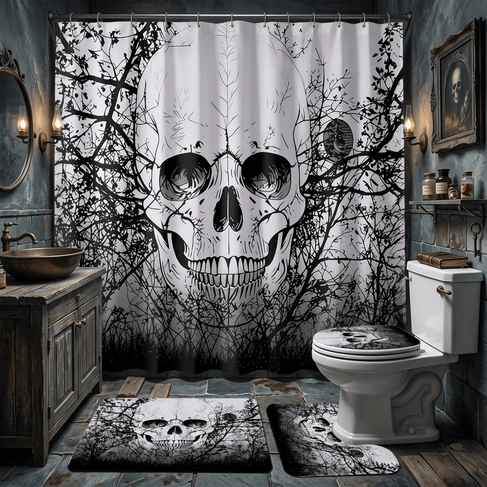 4pcs Gothic Skull Shower Curtain Set, Halloween Spooky Forest Bath Mat, The floor mat fabric is thicker and softer! Dark Aesthetic Grim Reaper Decor, Haunted House Party Homeware