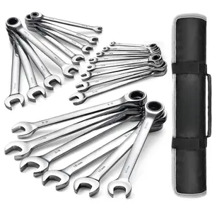 Ratcheting Wrench Set, Combination Wrench Set, SAE & Metric, 22-piece, 1/4" to 3/4" & 6-18mm, CR-V Steel, with Pouch