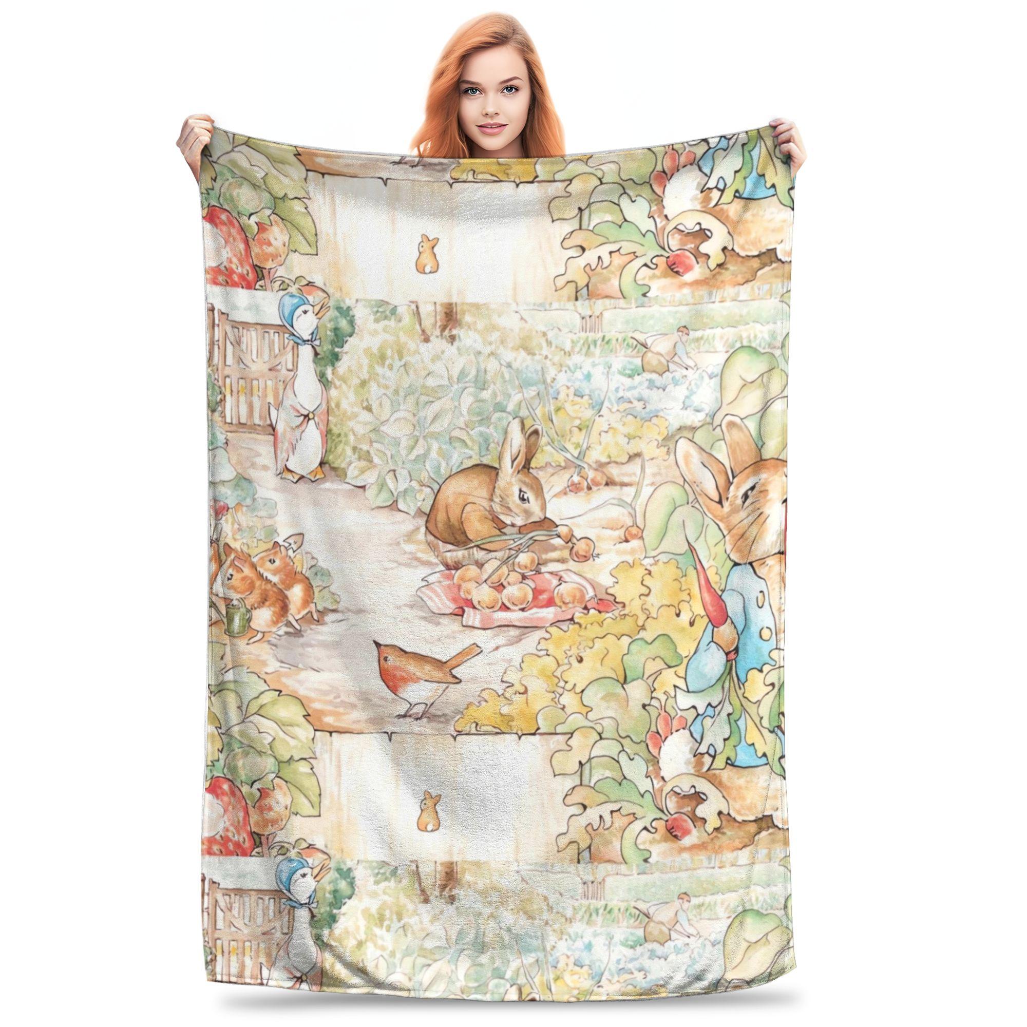 A vintage blanket from the world of Beatrice Potter - Large, soft flannel, featuring Peter Rabbit, Jemima Paddle Duck, and Mrs. Tigger Winkler - A comfortable all-season bedspread suitable for the sofa, living room, and bedroom - Adorned with illustration