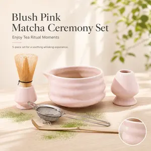 Sakura Pink Matcha Tea Set 5 Pieces, including ceramic matcha bowl, bamboo whisk, sieve and tea spoon. Ideal for traditional matcha ceremonies and home use, combining beauty and practicality, Ceremonial Matcha Kit