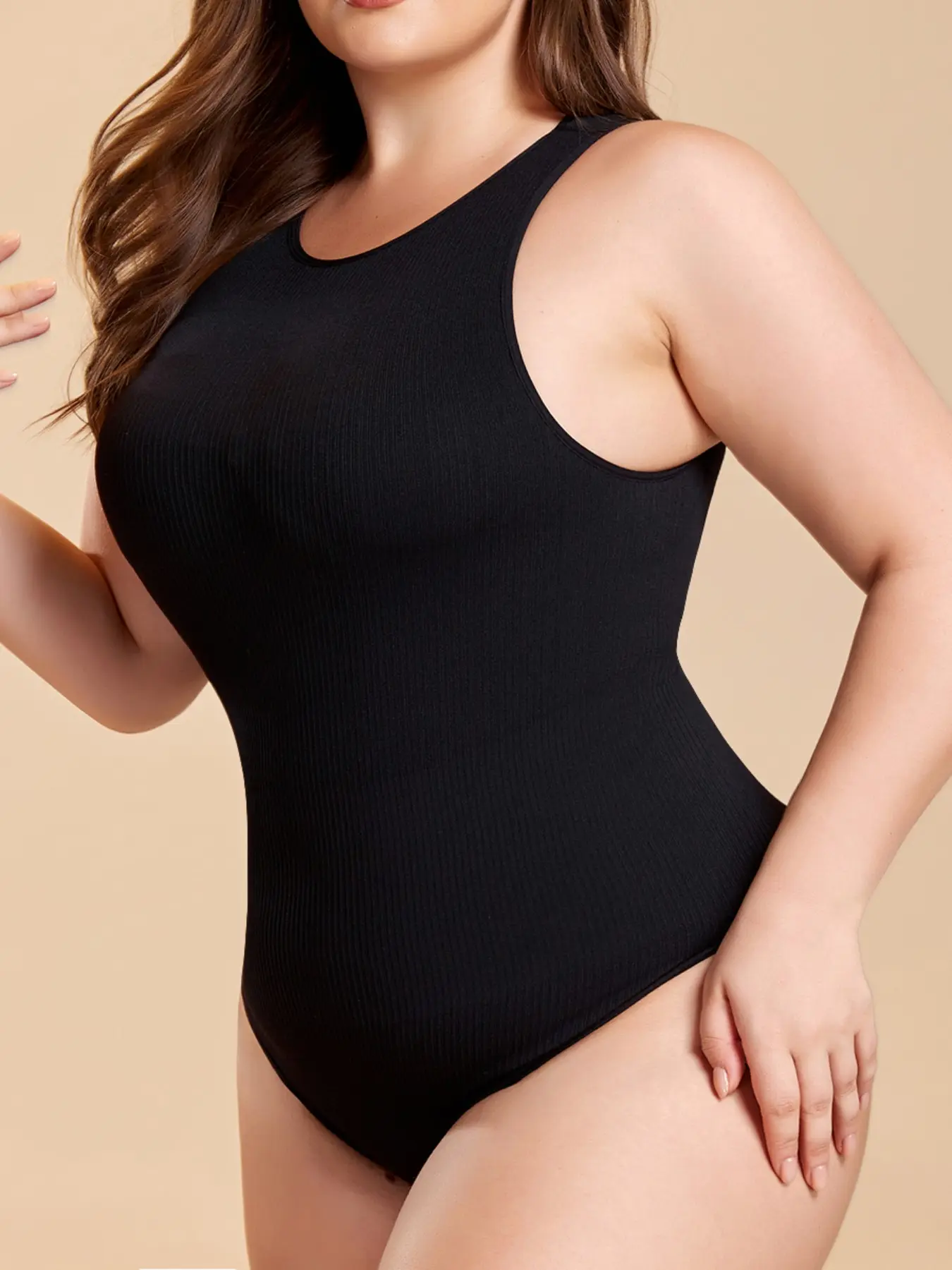 Plus Size Ribbed Seamless Shapewear Bodysuit, Sleeveless High Cut Tummy Control Butt Lifting Body Shaper with Adjustable Crotch Hooks
