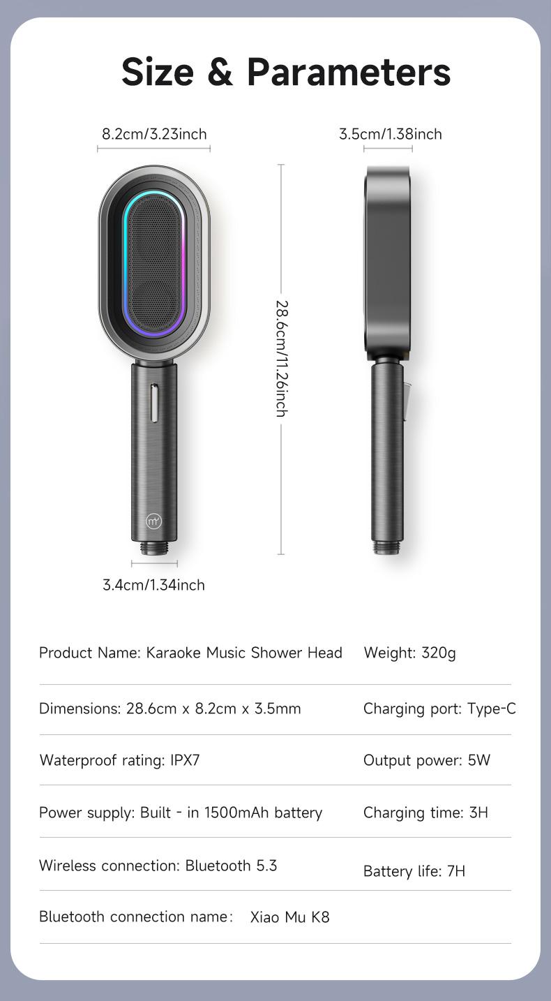 Must-Have for Bathroom Karaoke, Shower Head with Detachable Bluetooth Speaker, IPX7 Waterproof + Call Function, 7-Hour Battery Life + Type-C Fast Charging, Thoughtful Gift, Karaoke Showerhead, Detachable Karaoke Machine