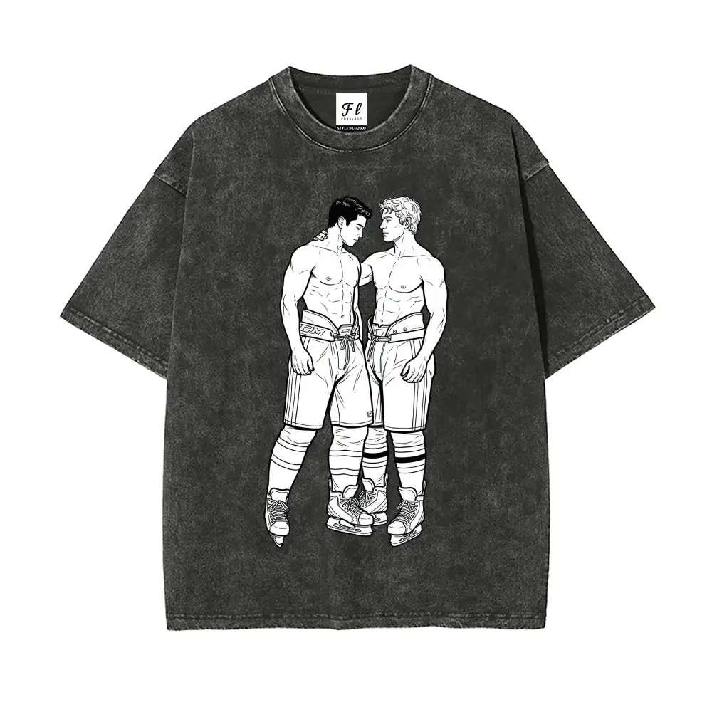 Men's Cool Romantic Male Couple Print Short Sleeve Washed T-Shirt | Casual Graphic Gay Lovers Edgy Tee | Soft Cotton Blend Summer Top