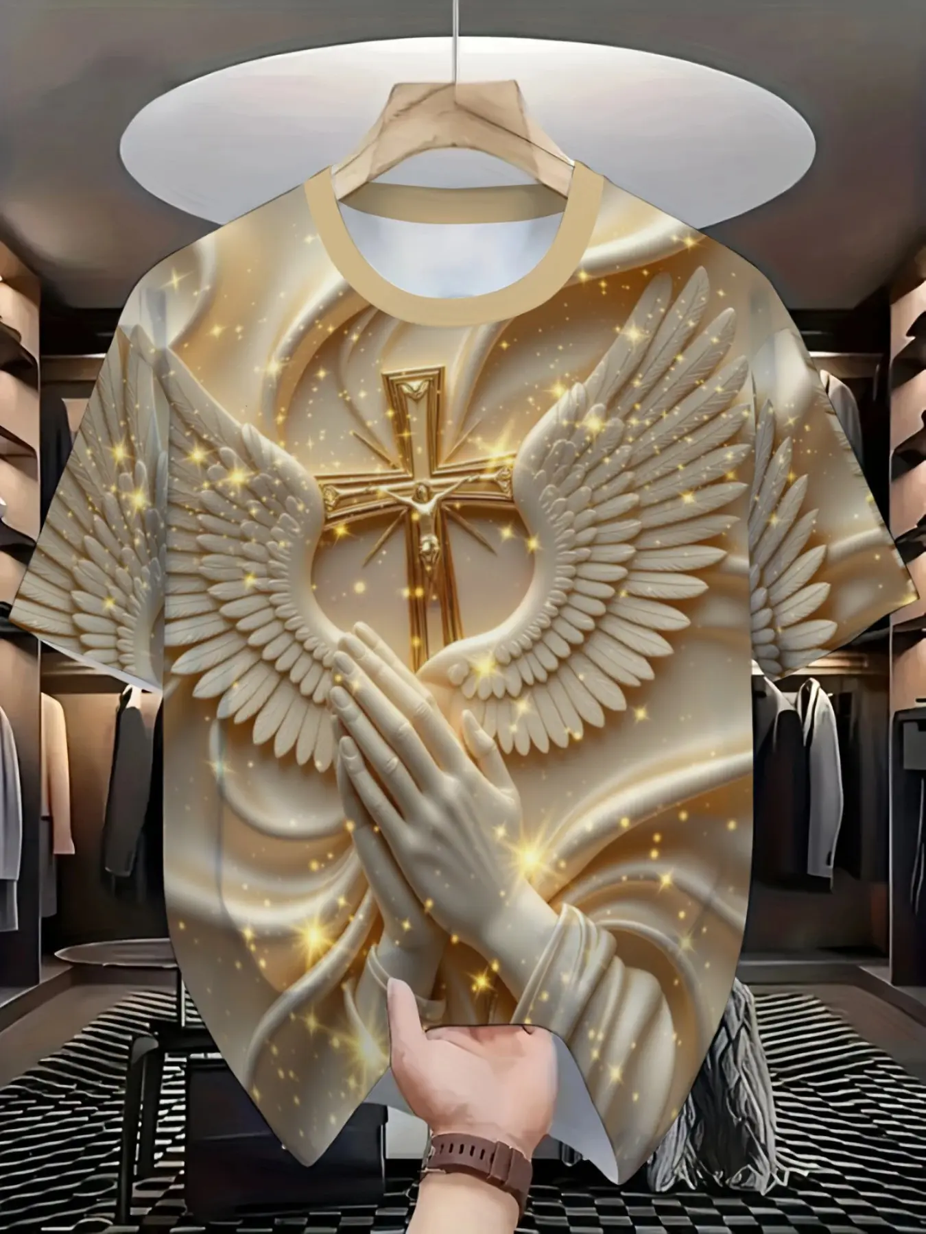 Men's Angel Wings Cross Religious Print T-Shirt, Stars and Praying Hands, Christian Faith Fashion, Casual Style, Round Neck, Long Fit, Classic, Top