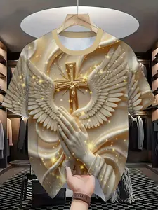 Men's Angel Wings Cross Religious Print T-Shirt, Stars and Praying Hands, Christian Faith Fashion, Casual Style, Round Neck, Long Fit, Classic, Top