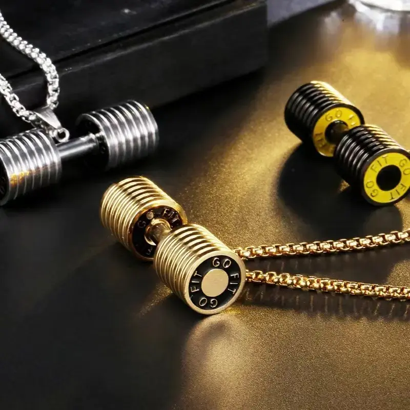 Fashion Men's Dumbbell Fitness Necklace Stainless Steel Pendant Barbell European Fashion Accessories Fashion Men