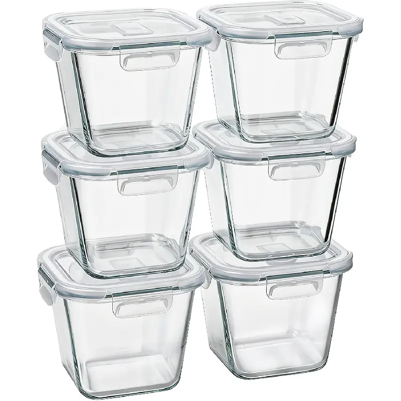 Borosilicate Glass Soup Containers with Lids, 4 Cup/32 oz, 6 Pack| Microwave Dishwasher Oven Freezer Safe| Airtight Leak Proof| Food Grade| Square Soup Meal Prep| Lunch| Food Storage Set