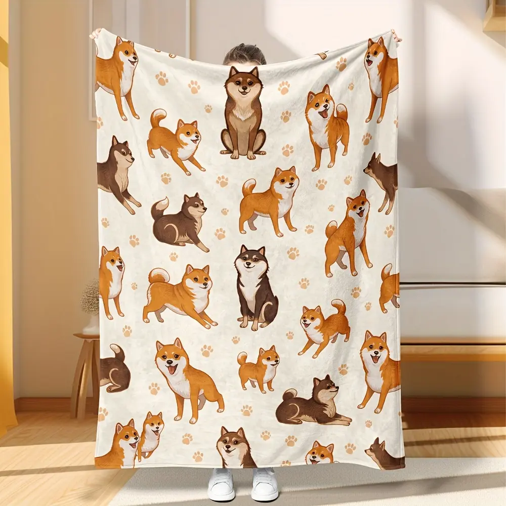 1pc Flannel Blanket Featuring Cute Shiba Inu Dog Pattern, Ultra Soft and Machine Washable for Outdoor Events, Daily Naps, Cozy Bedroom Interiors, For home, office, travel, picnics, outdoor camping, and air-conditioned blankets