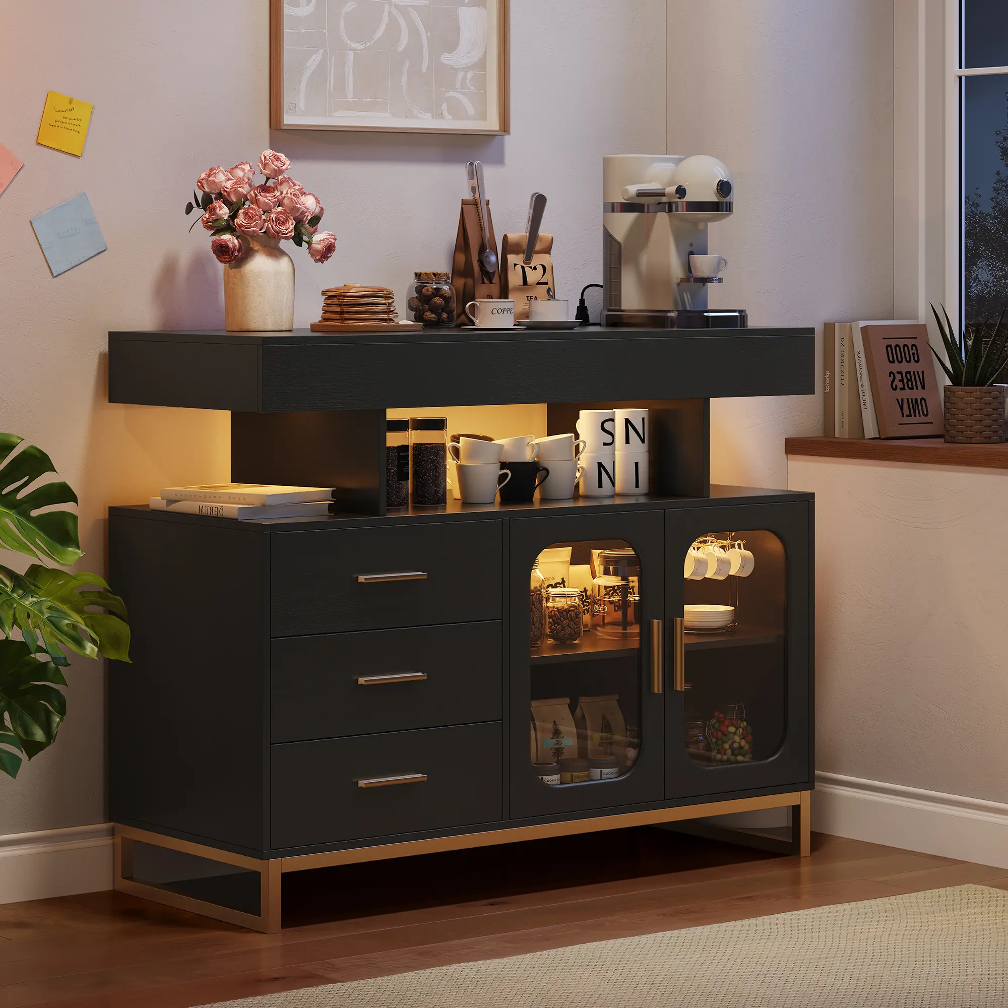 Modern 3-Drawer Buffet Cabinet Furniture - LED Illuminated Drawers, MDF Finish Rectangular Storage Console with Charging Station for Dining Room, Living Room, 3 Drawers, Easy