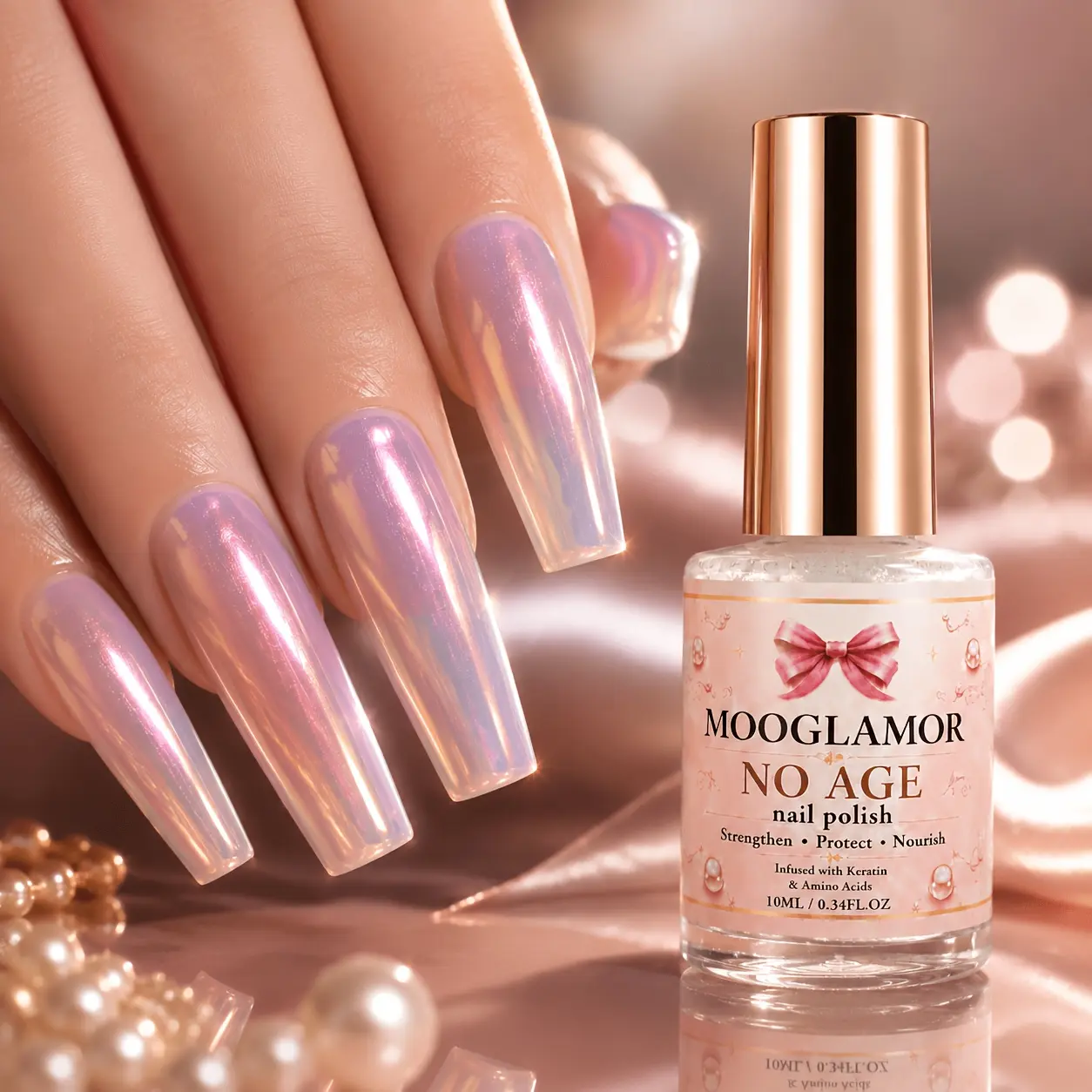 Iridescent pink holographic nail polish, high-gloss shiny finish, suitable for natural, acrylic and gel manicures, for fingers and toes.